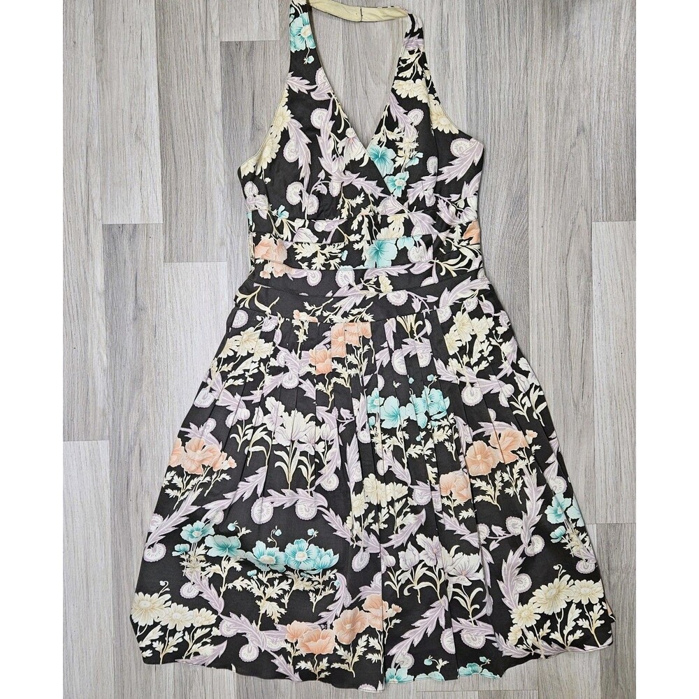Kay Unger Vintage Brown Floral Dress Pleated Halter Size 10